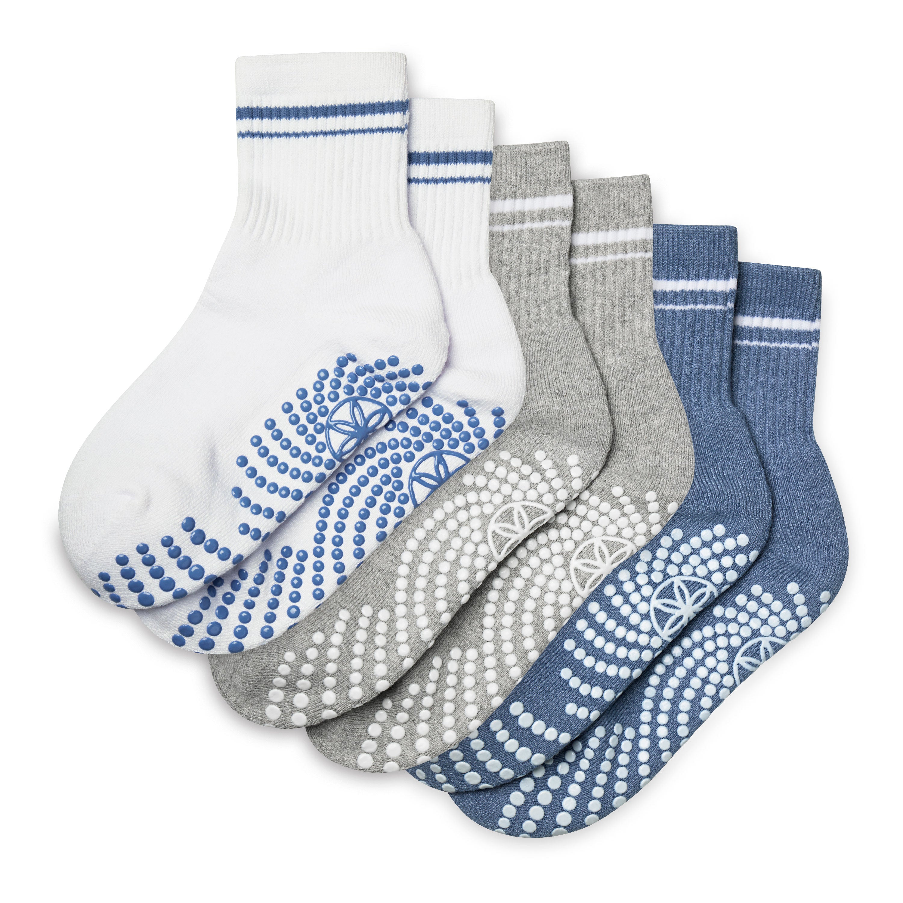 Set of five pairs of socks in white, gray, and blue on a white background